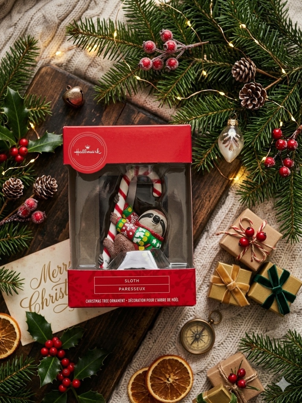 Hallmark Red Sloth Candy Cane Christmas Ornament